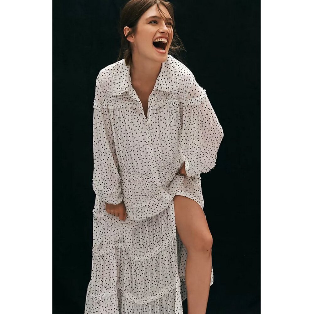 Anthropologie Long-Sleeve Smocked Tiered Polka Dot Maxi Dress NWT